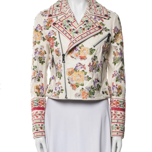 Alice + Olivia Cody Embellished Moto Leather Jacket Floral White - Picture 1 of 11